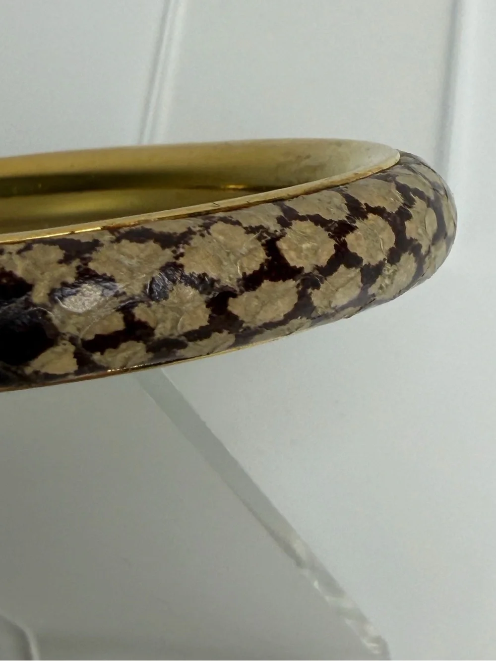 Tory Burch Women’s Leather Inlay Snake Print Gold Double T Bangle Bracelet